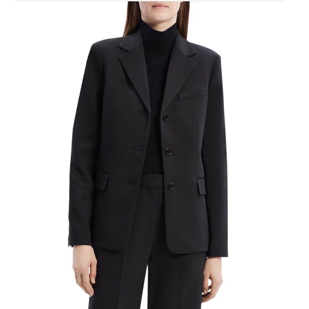 Theory Notch Collar Three Button Jacket Black Tailor Stretch Size 6